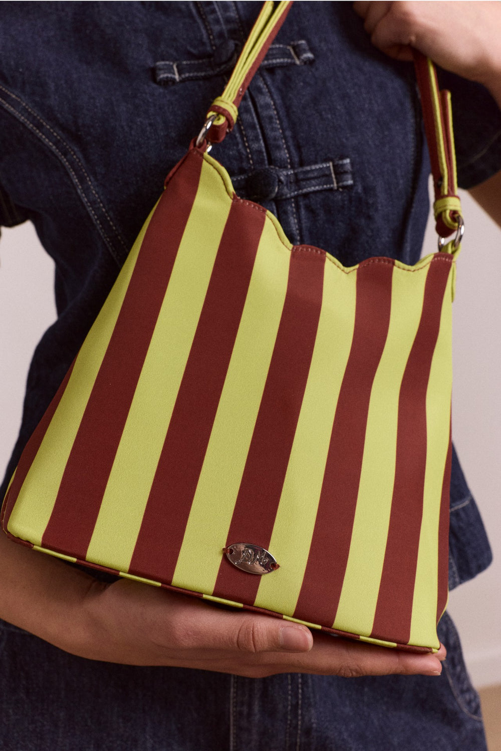 Damson Madder lorelai bag - avocado & chocolate stripe