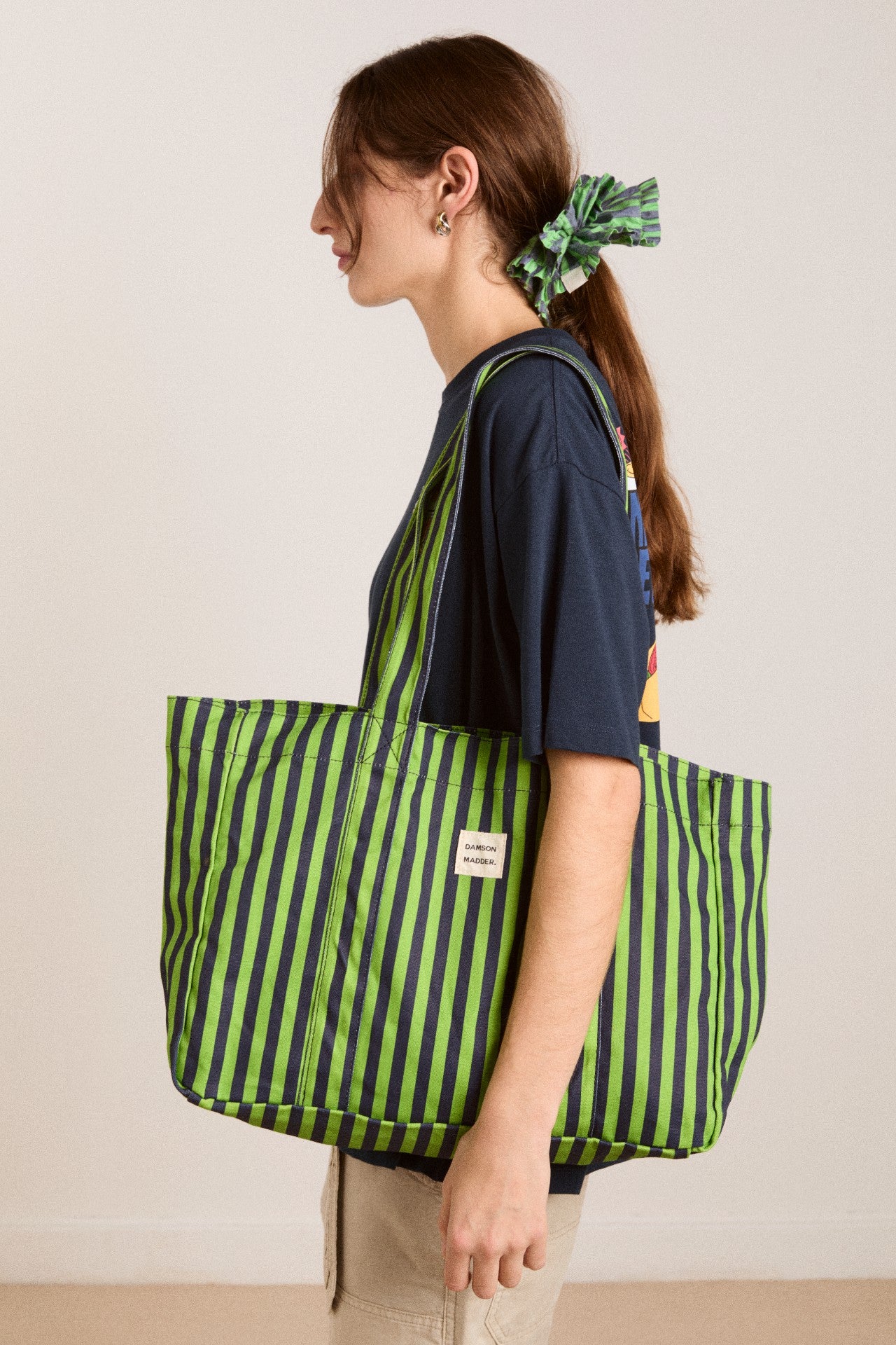 Damson Madder dm canvas tote - navy lime stripe