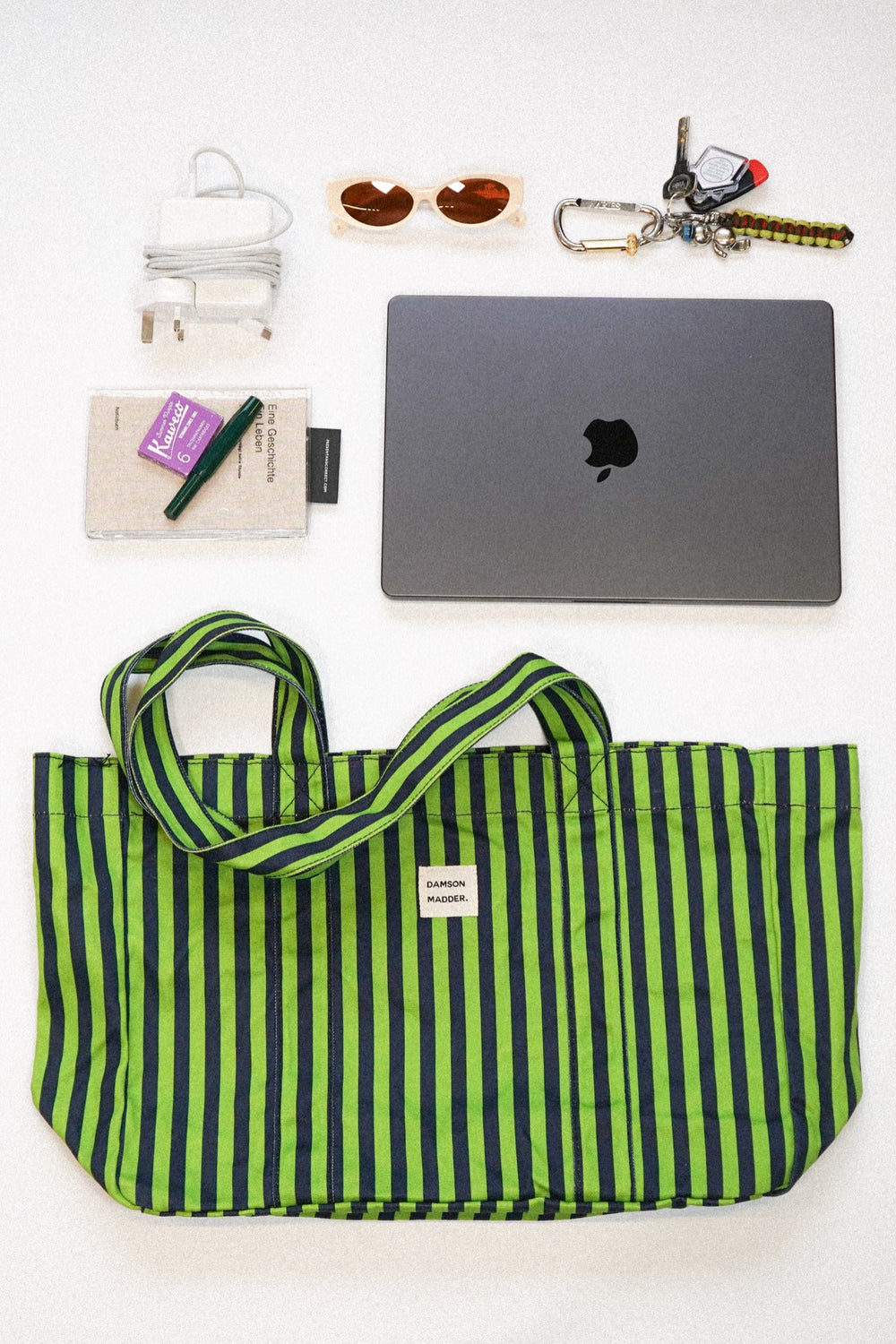 Damson Madder dm canvas tote - navy lime stripe