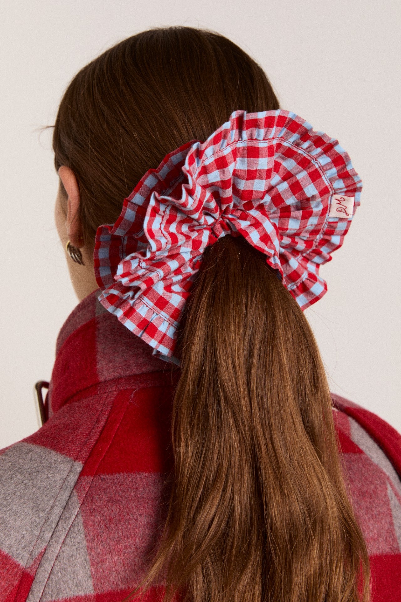 Damson Madder frill edge scrunchie - blue & red gingham