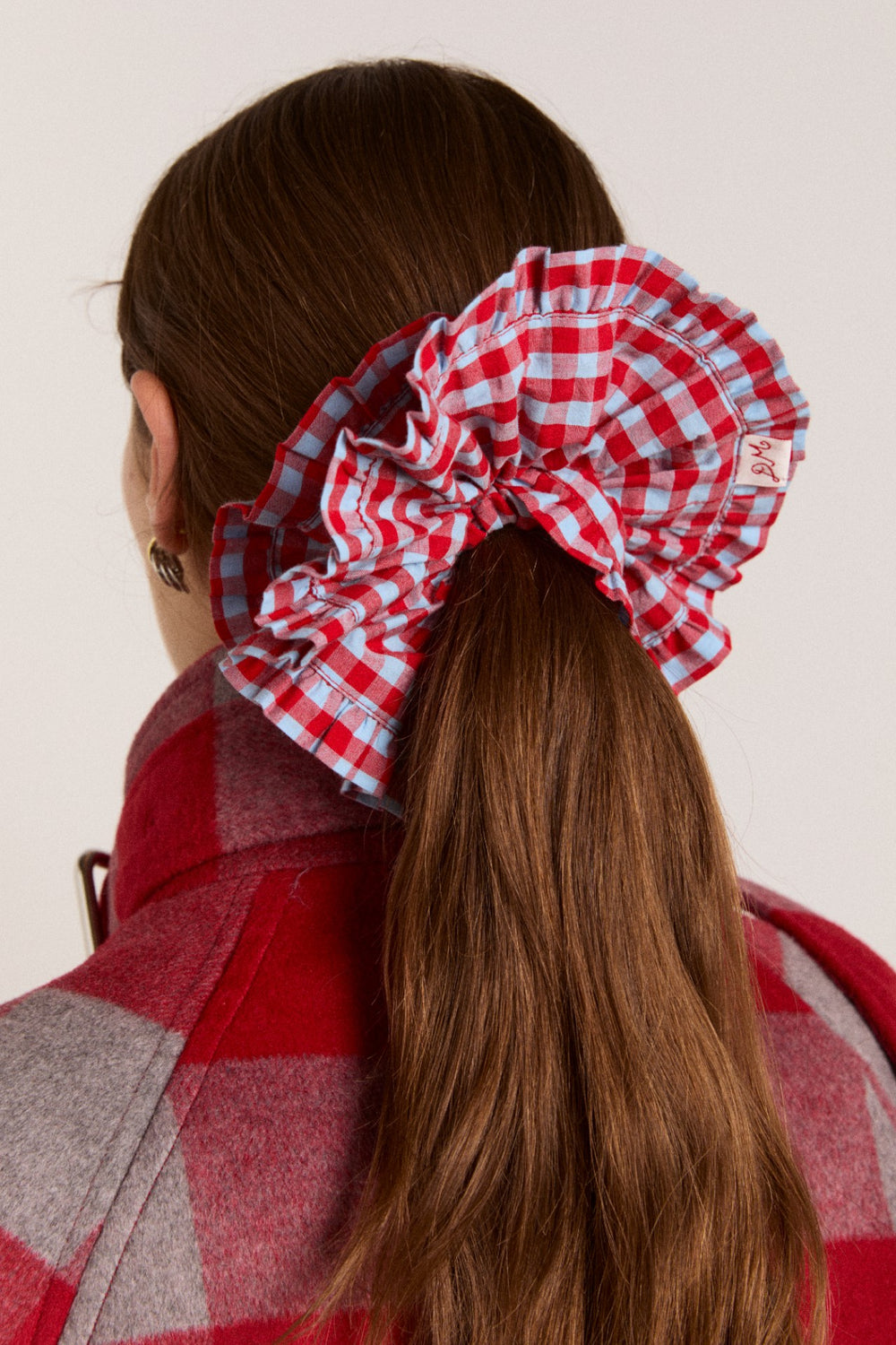 Damson Madder frill edge scrunchie - blue & red gingham