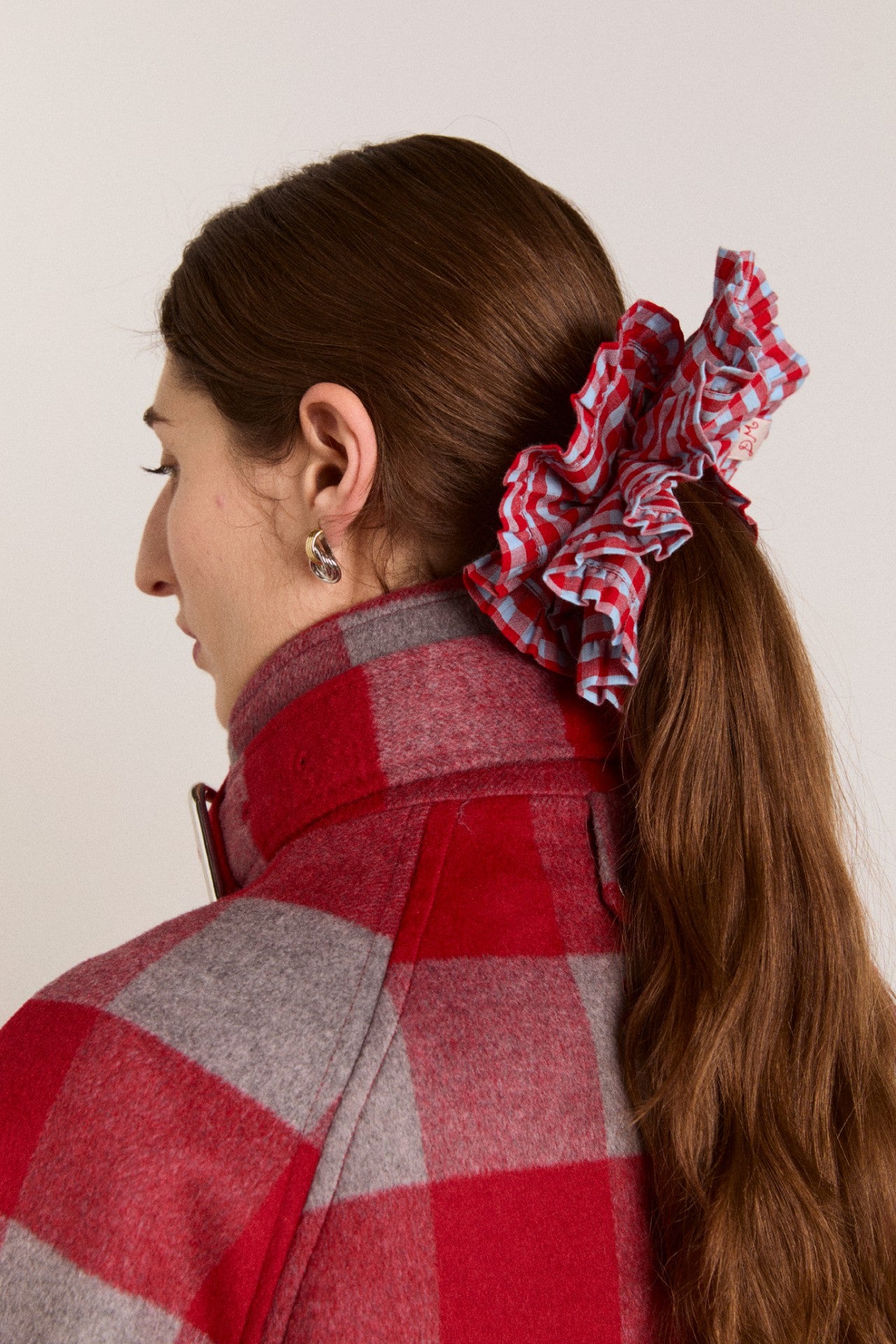 Damson Madder frill edge scrunchie - blue & red gingham