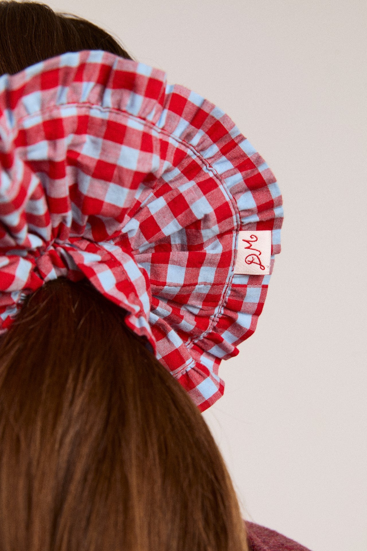 Damson Madder frill edge scrunchie - blue & red gingham