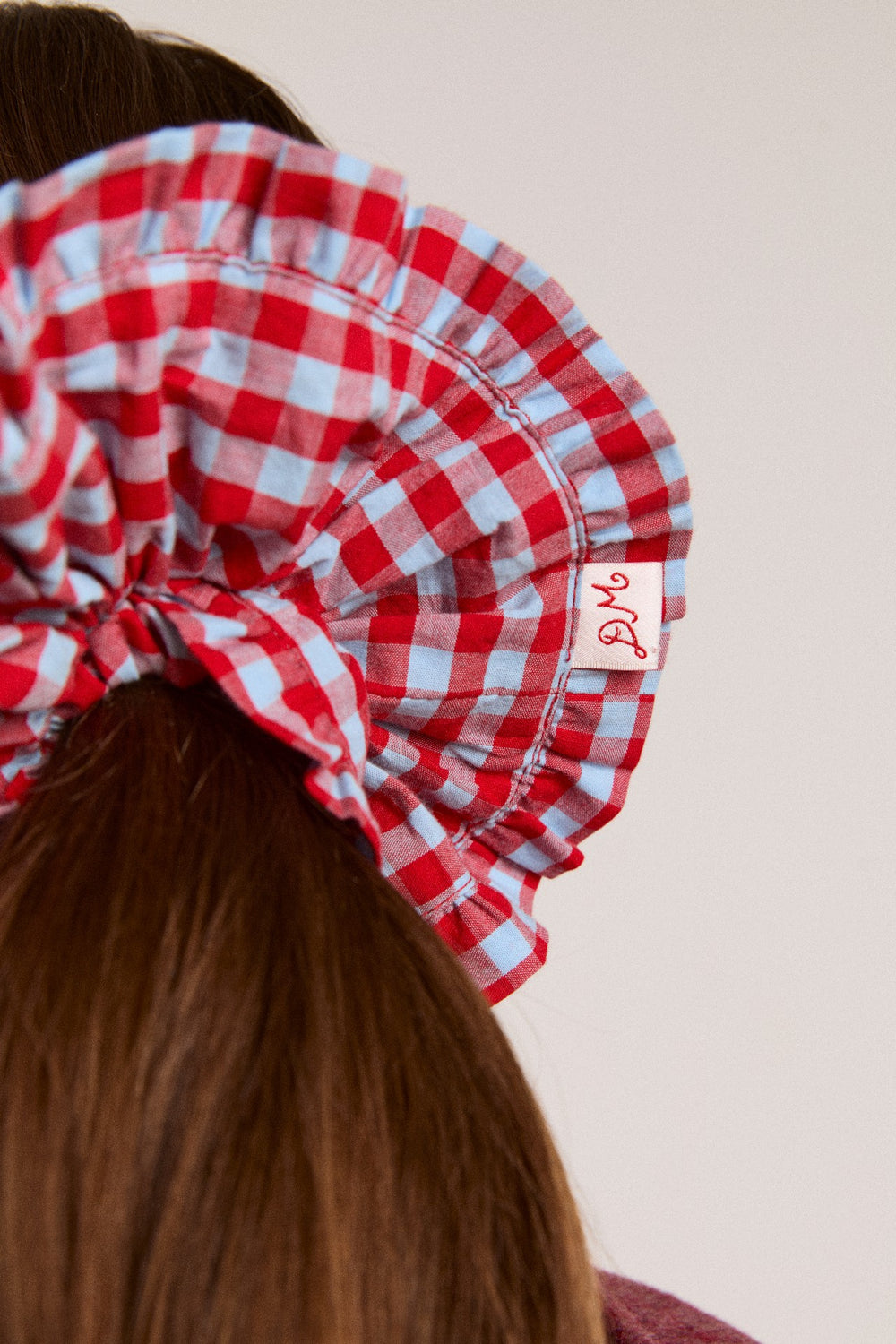 Damson Madder frill edge scrunchie - blue & red gingham