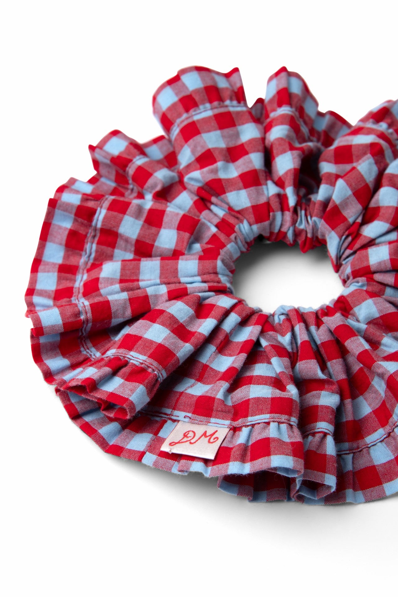 Damson Madder frill edge scrunchie - blue & red gingham