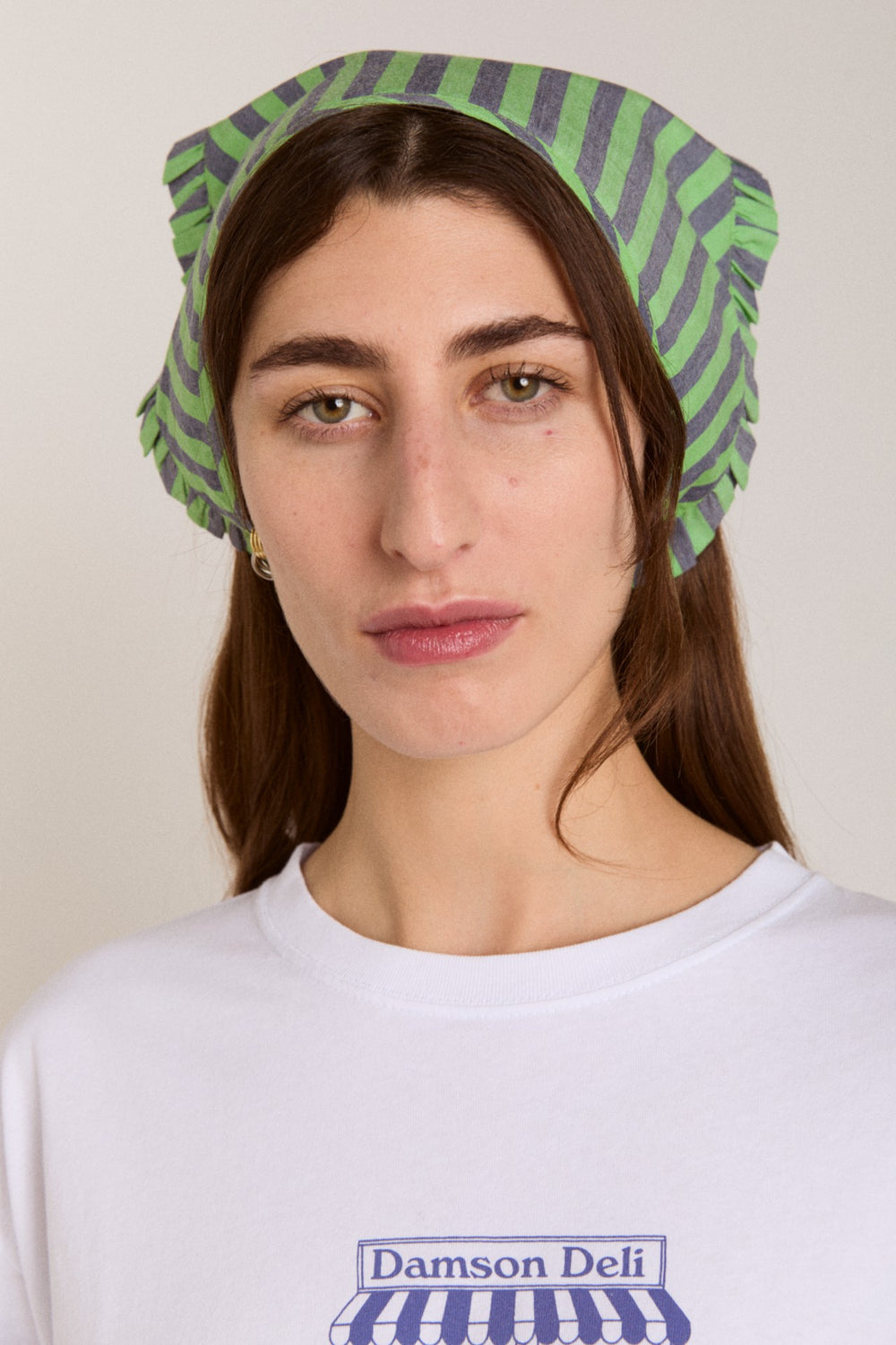 Damson Madder tie headscarf - navy/lime stripe