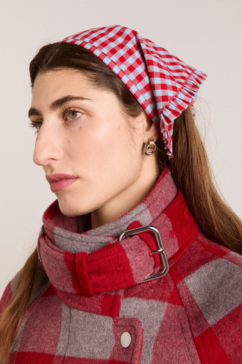 Damson Madder tie headscarf - red/blue gingham
