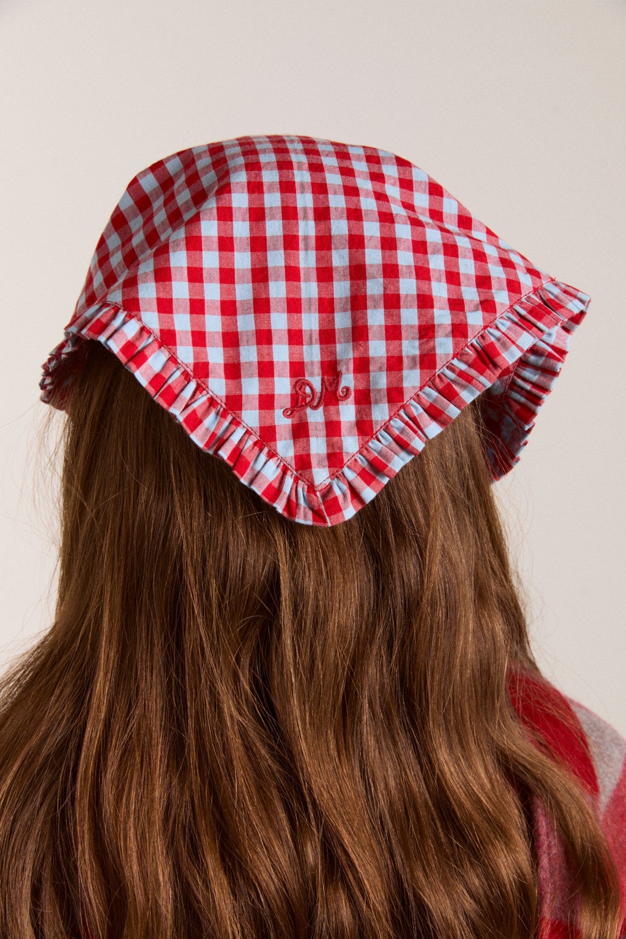 Damson Madder tie headscarf - red/blue gingham