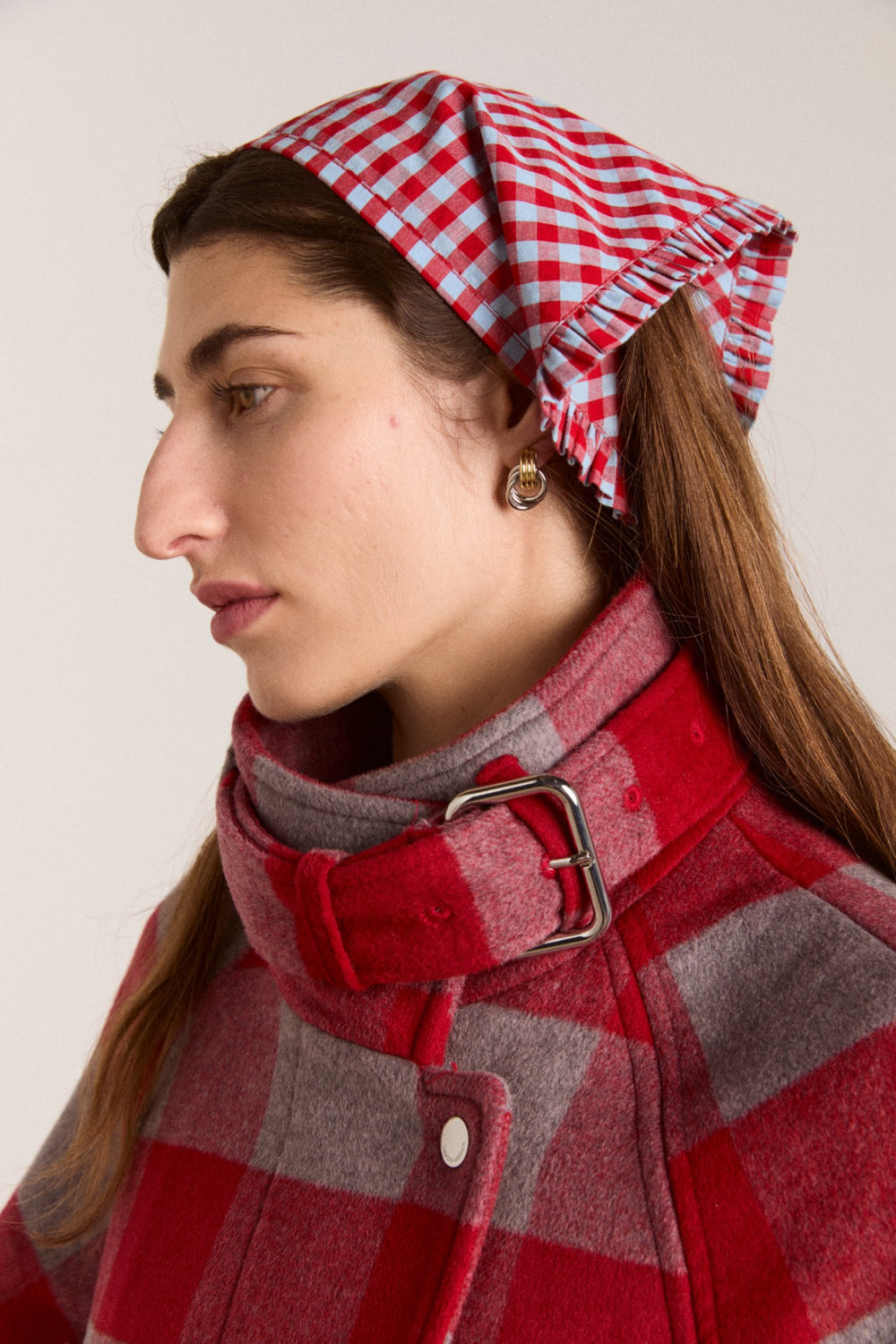 Damson Madder tie headscarf - red/blue gingham