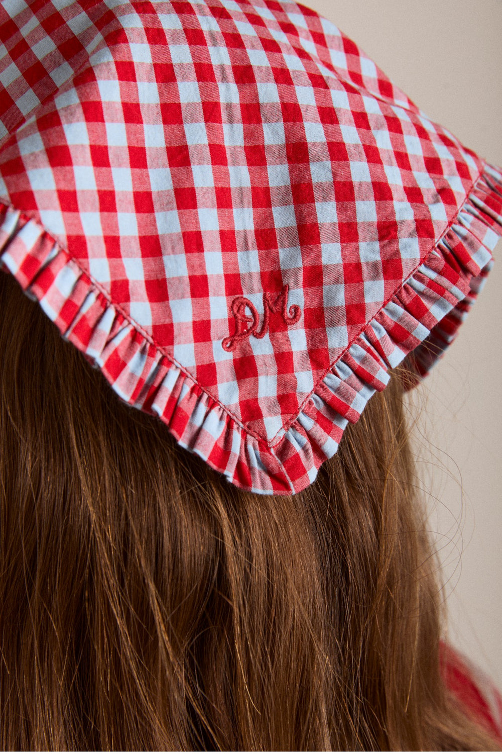 Damson Madder tie headscarf - red/blue gingham