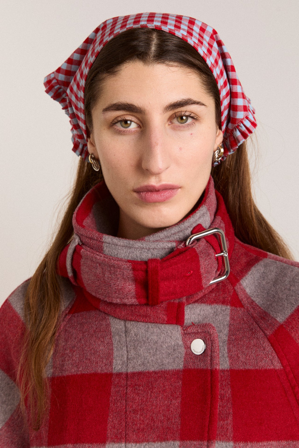Damson Madder tie headscarf - red/blue gingham