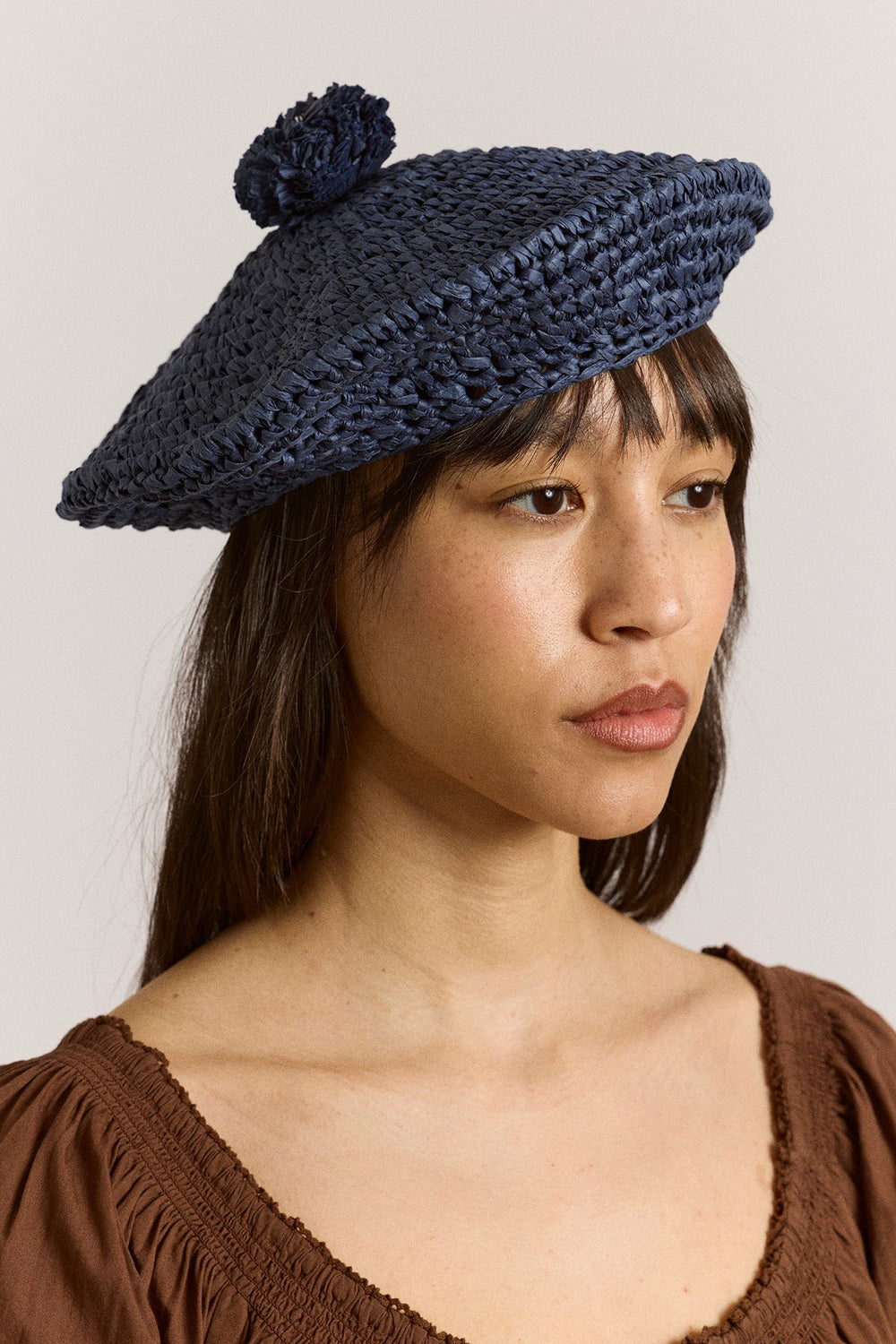 Damson Madder raffia pom pom beret - navy