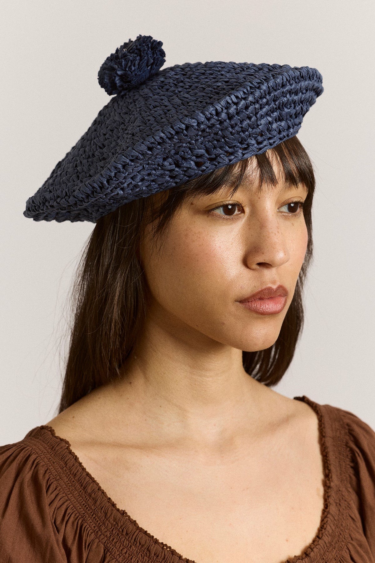 Damson Madder raffia pom pom beret - navy