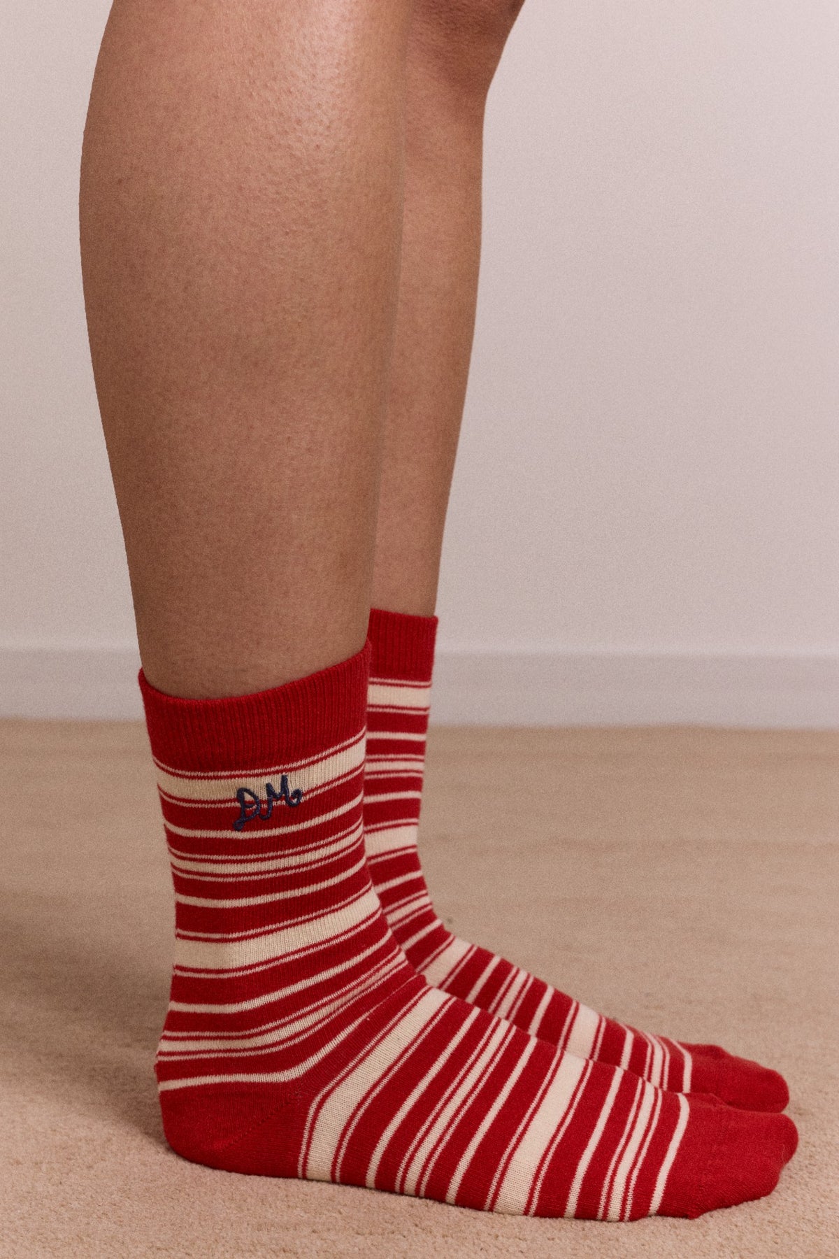 Damson Madder calf length socks - cream & red stripe