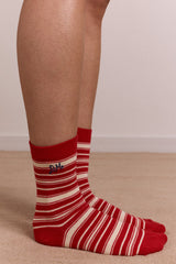 Damson Madder calf length socks - cream & red stripe