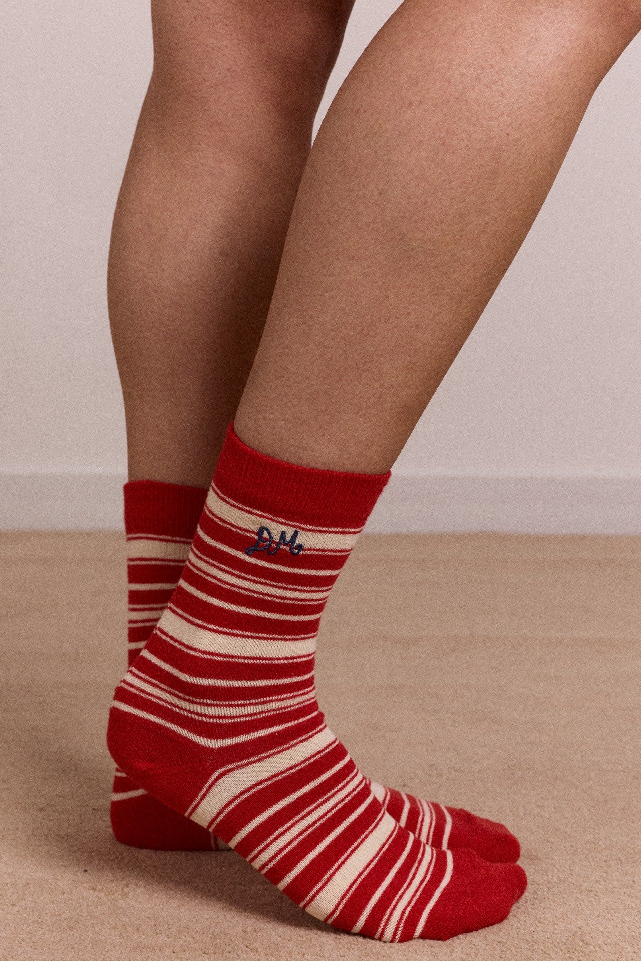 Damson Madder calf length socks - cream & red stripe