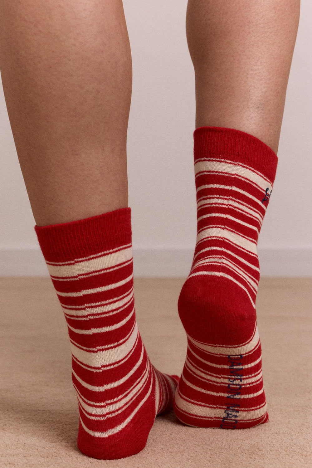Damson Madder calf length socks - cream & red stripe