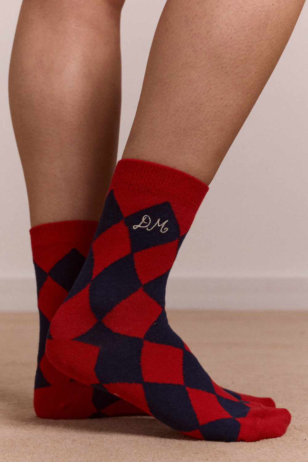 Damson Madder calf length socks - navy & red harlequin