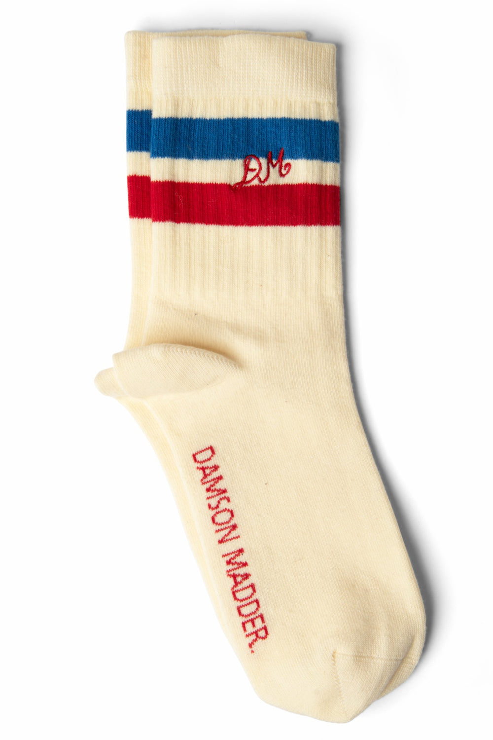 Damson Madder sporty calf length socks in cream - blue & red stripe