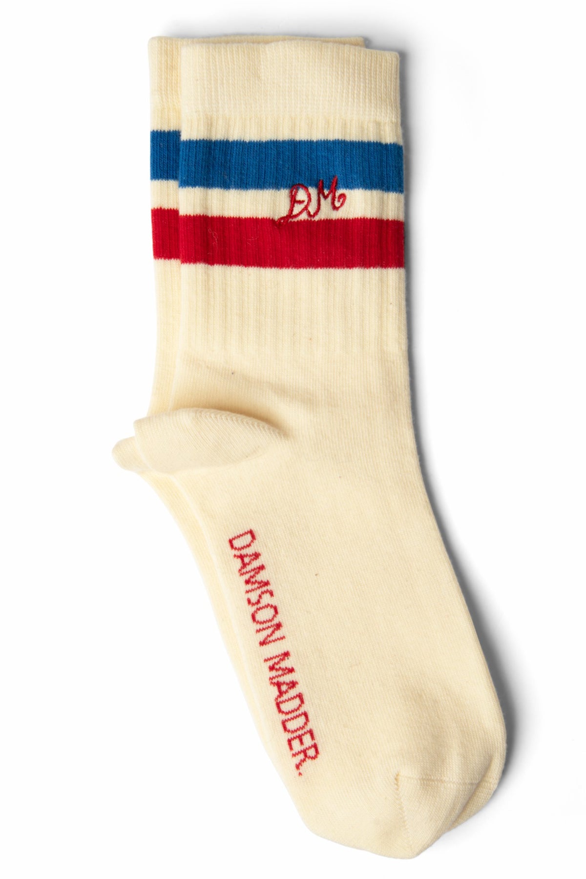 Damson Madder sporty calf length socks in cream - blue & red stripe