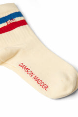 Damson Madder sporty calf length socks in cream - blue & red stripe