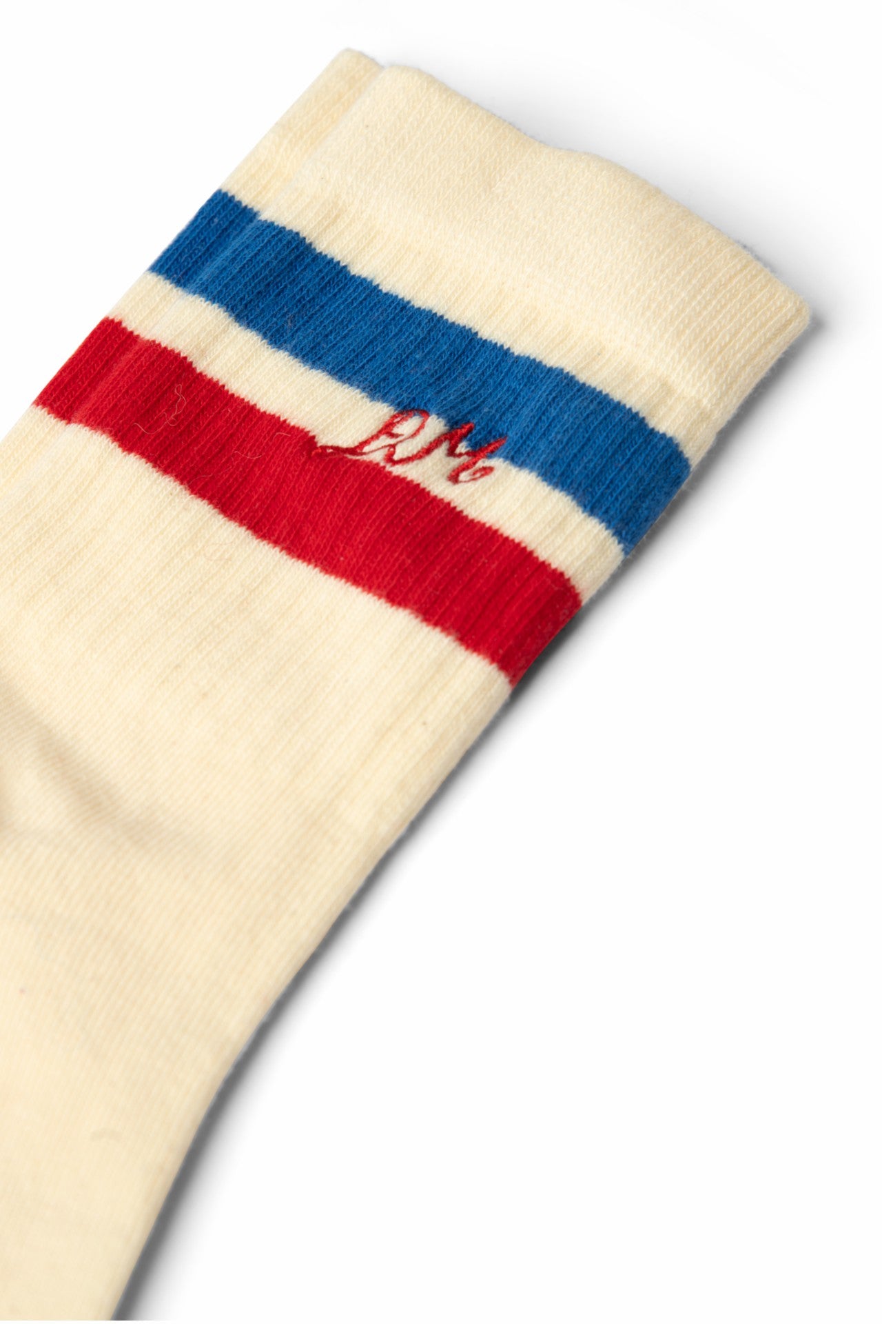 Damson Madder sporty calf length socks in cream - blue & red stripe