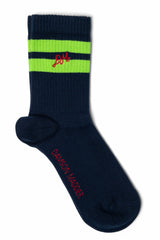 Damson Madder sporty calf socks - navy/lime stripe