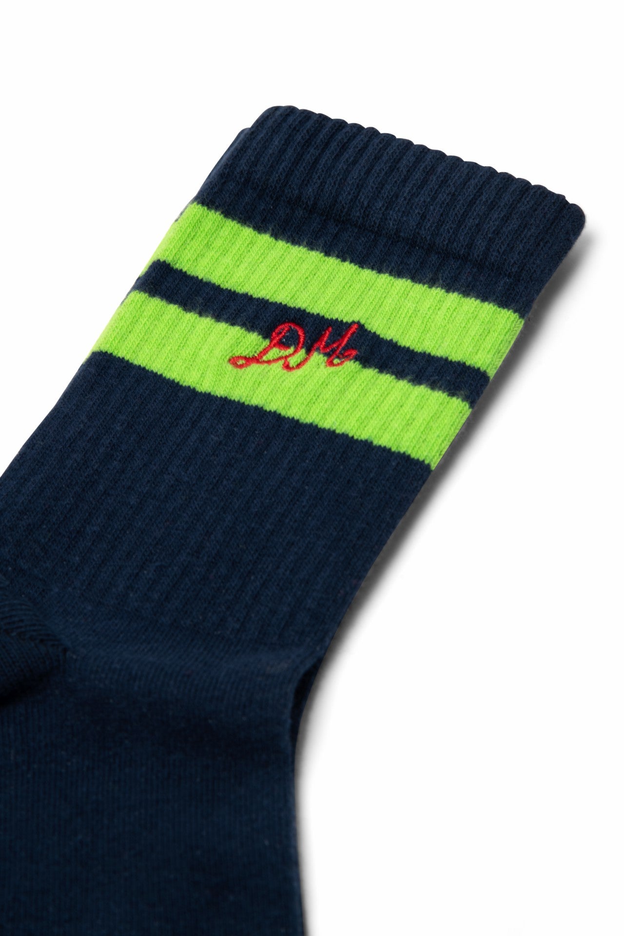 Damson Madder sporty calf socks - navy/lime stripe