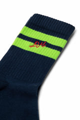 Damson Madder sporty calf socks - navy/lime stripe