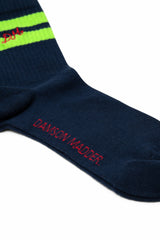 Damson Madder sporty calf socks - navy/lime stripe