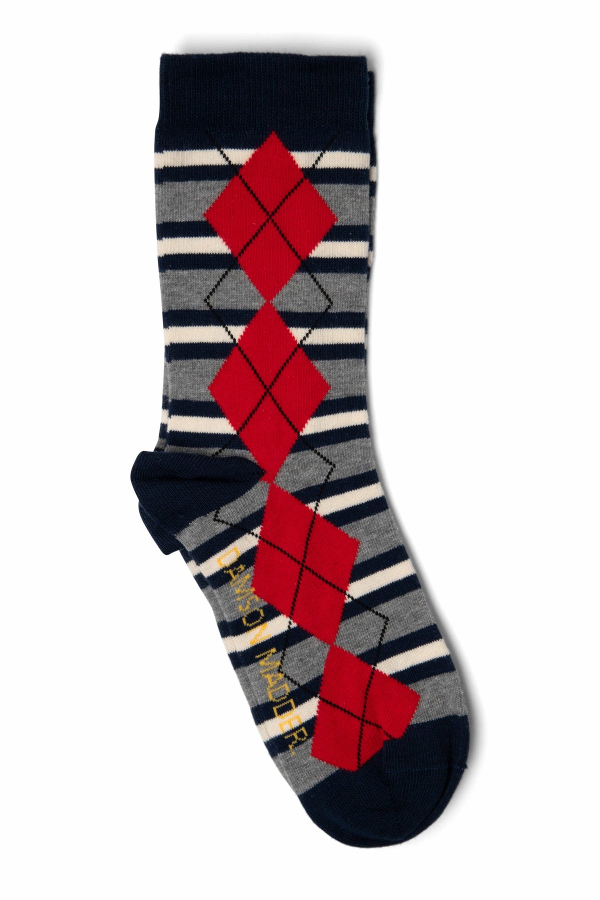 Damson Madder calf length socks- navy & grey marl argyle stripe