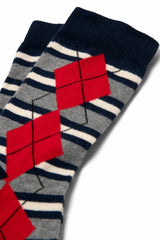Damson Madder calf length socks- navy & grey marl argyle stripe
