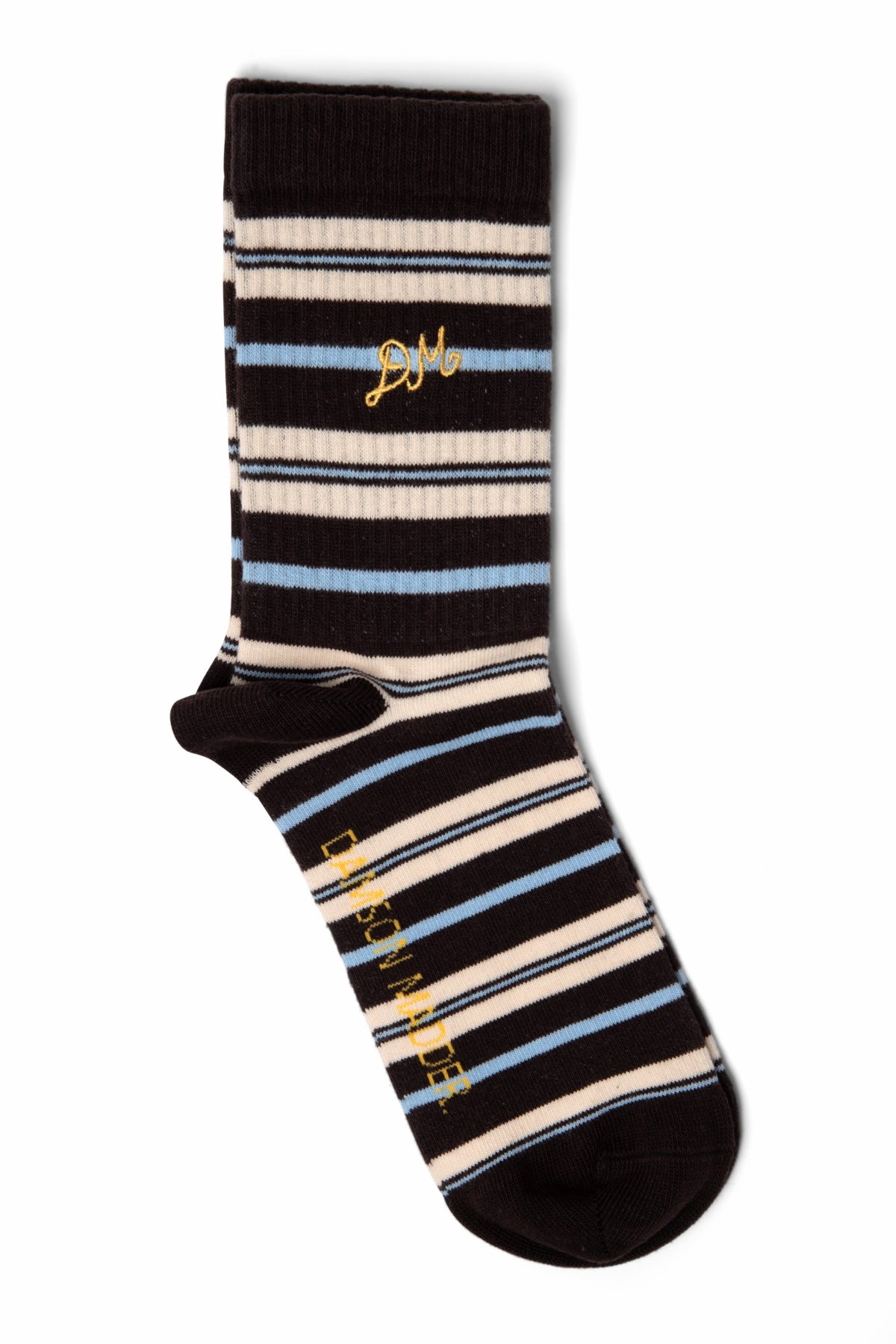 Damson Madder calf length socks in brown stripe