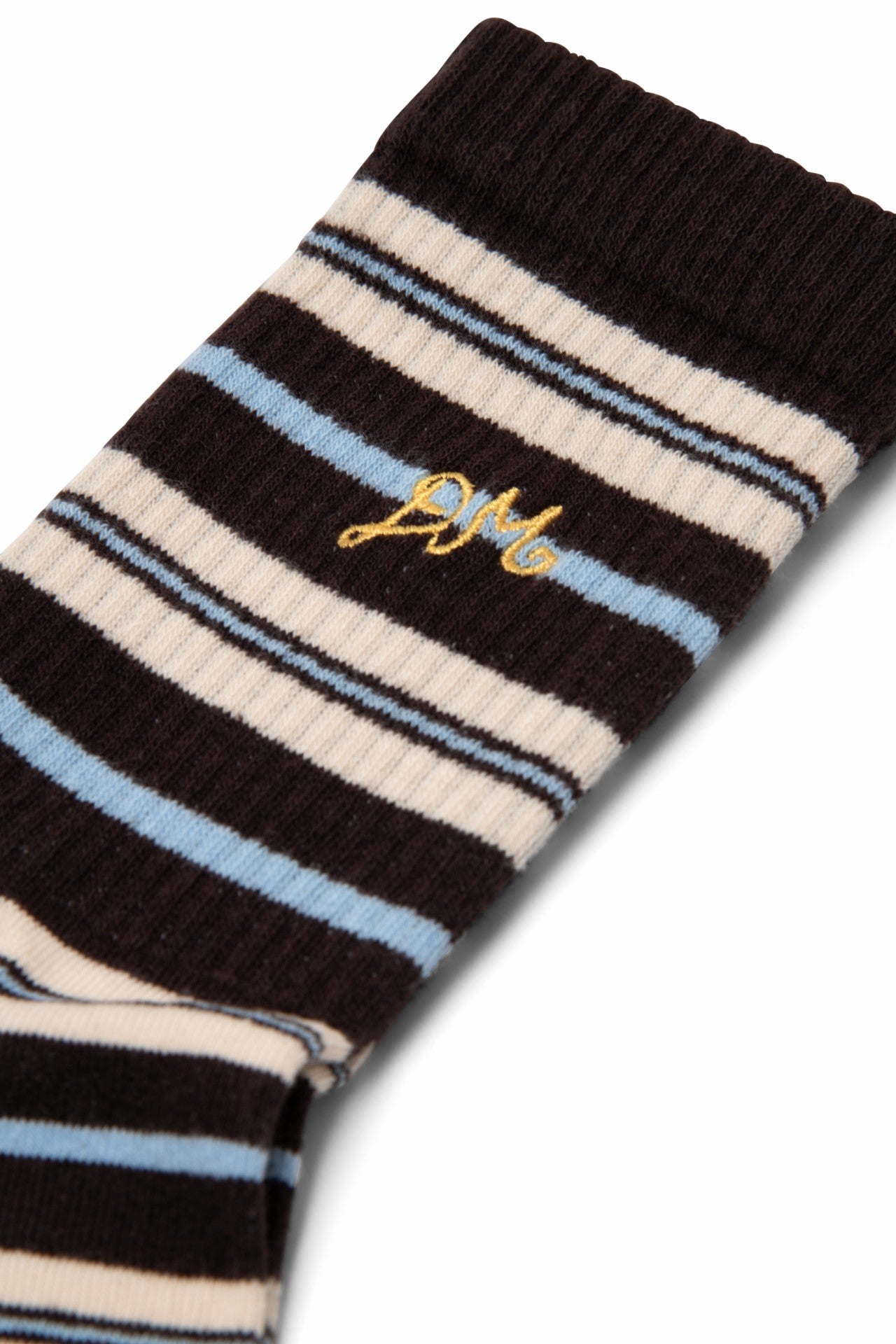 Damson Madder calf length socks in brown stripe
