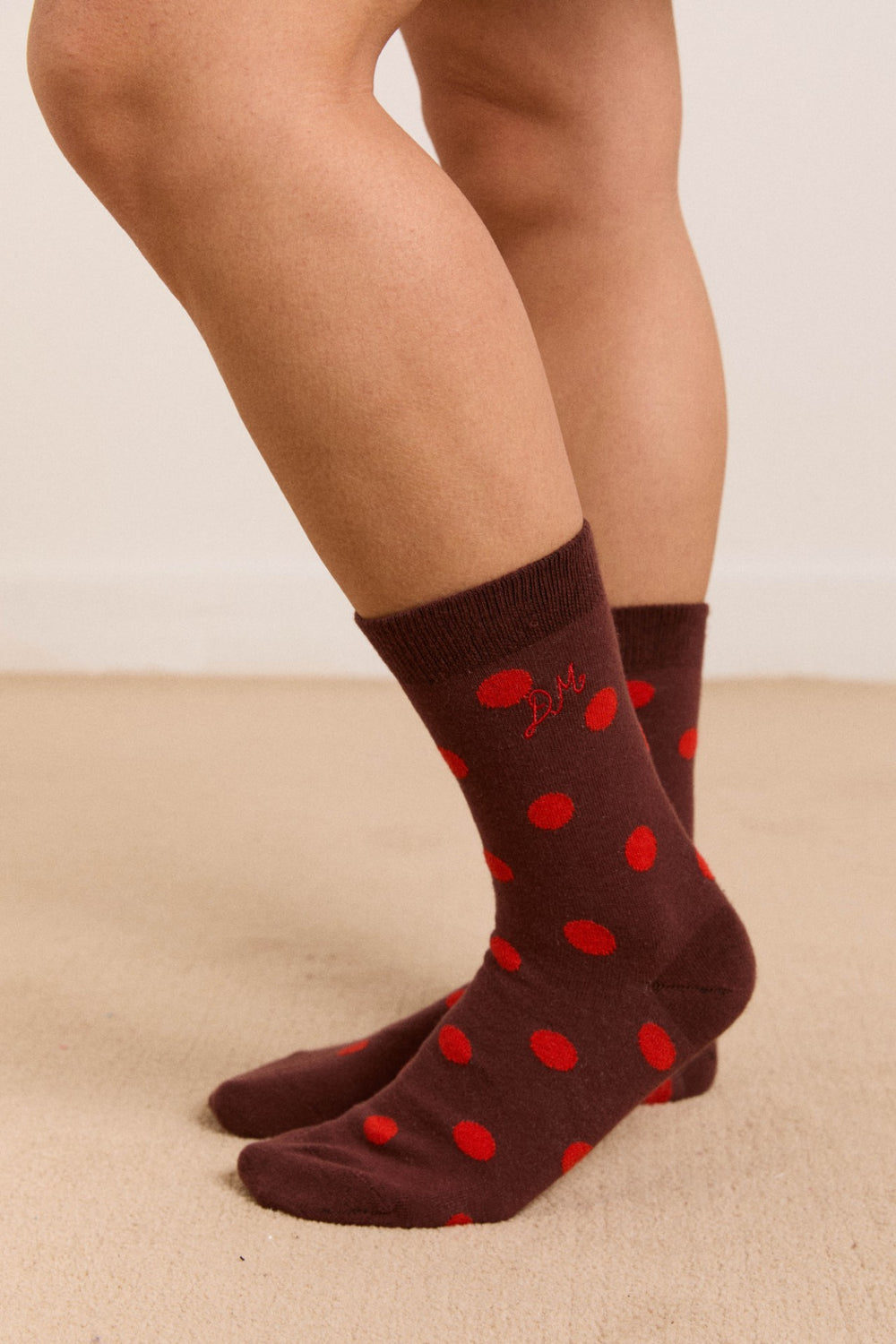 Damson Madder calf length socks in burg & red polka dot