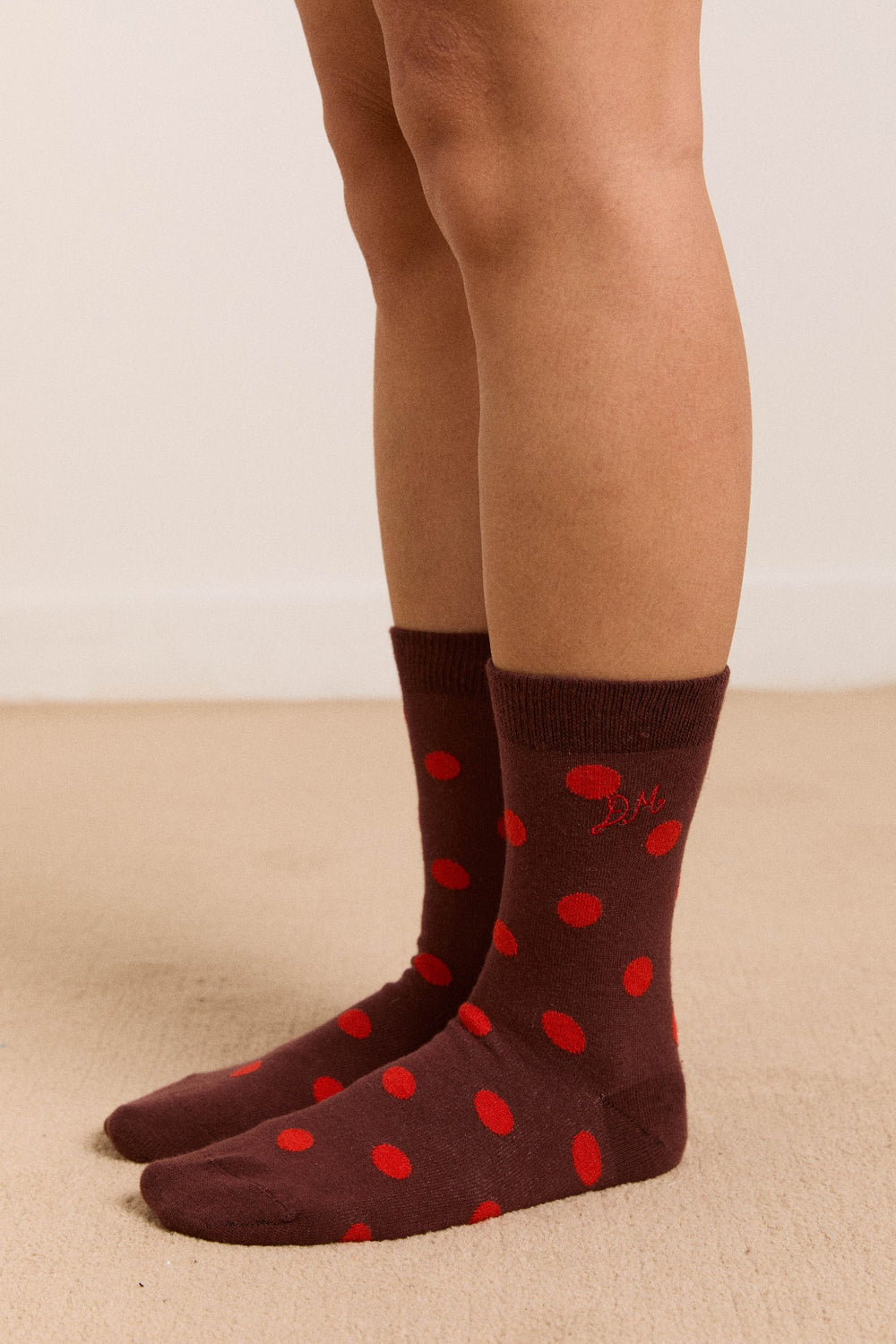 Damson Madder calf length socks in burg & red polka dot