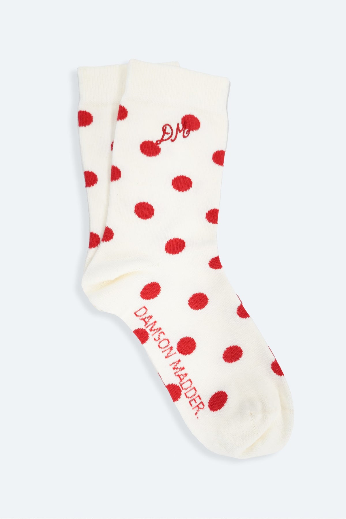 Damson Madder calf length socks in white & red polka dot