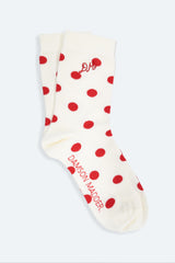 Damson Madder calf length socks in white & red polka dot