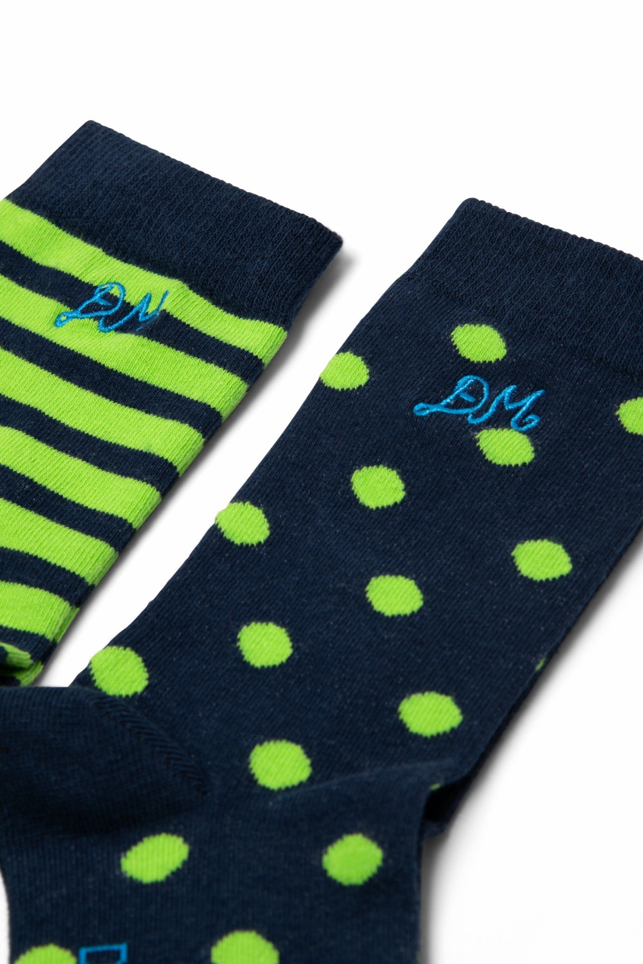 Damson Madder 2 pack calf length socks - navy/green stripe/spot