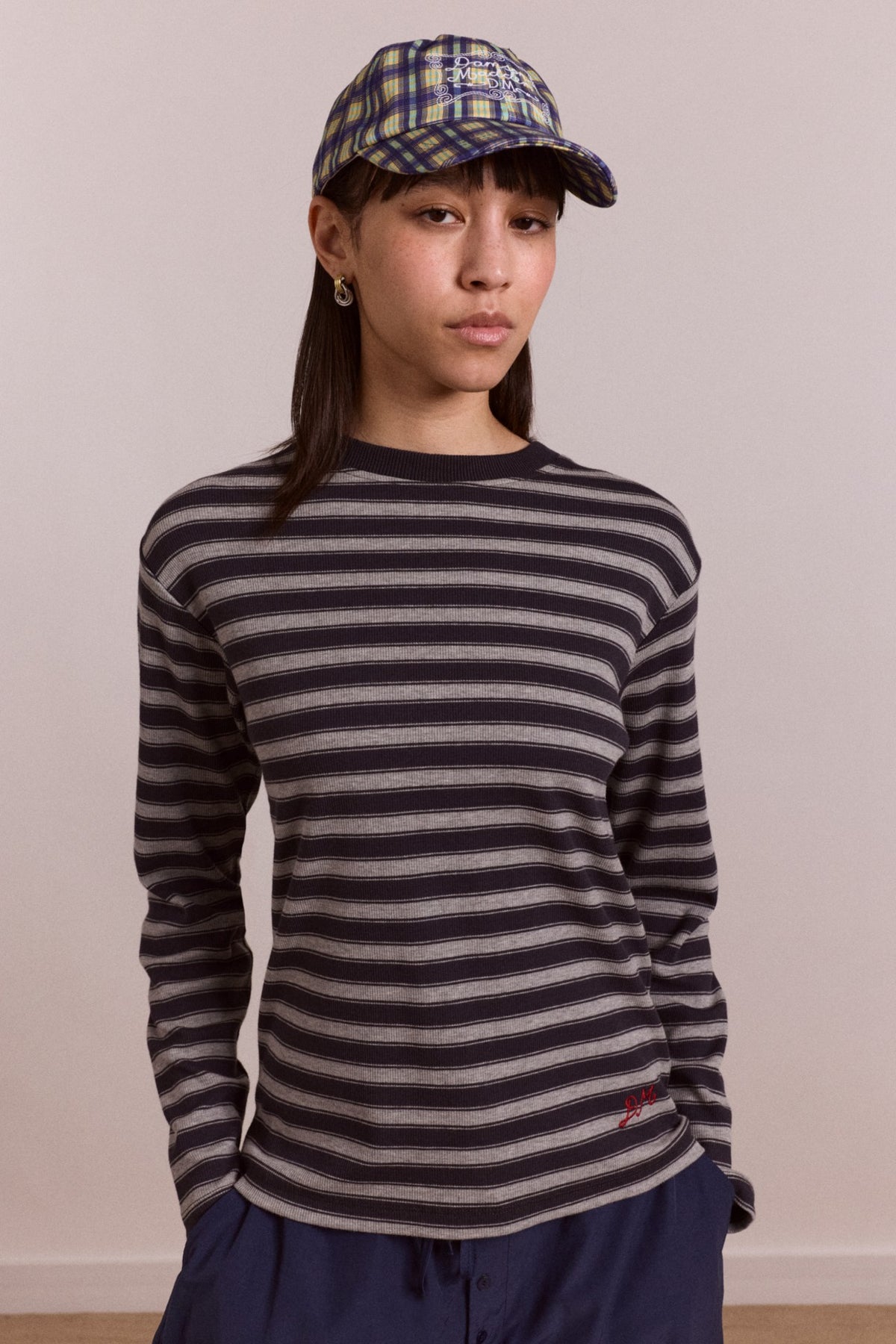 Damson Madder lilah fitted ls tee - grey marl stripe
