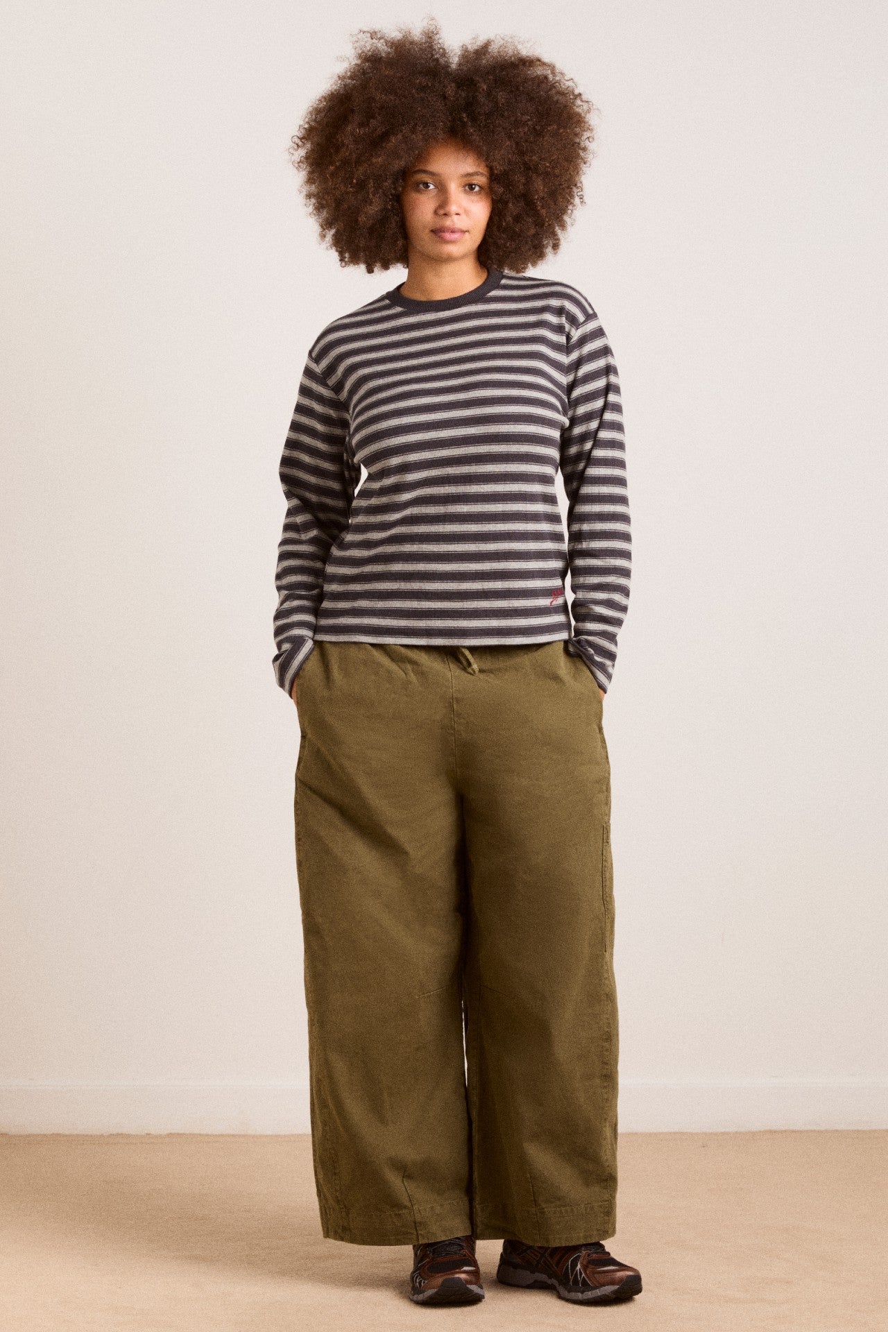 Damson Madder lilah fitted ls tee - grey marl stripe