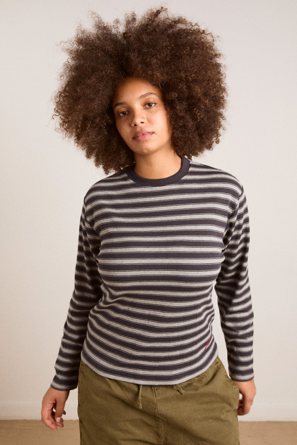 Damson Madder lilah fitted ls tee - grey marl stripe
