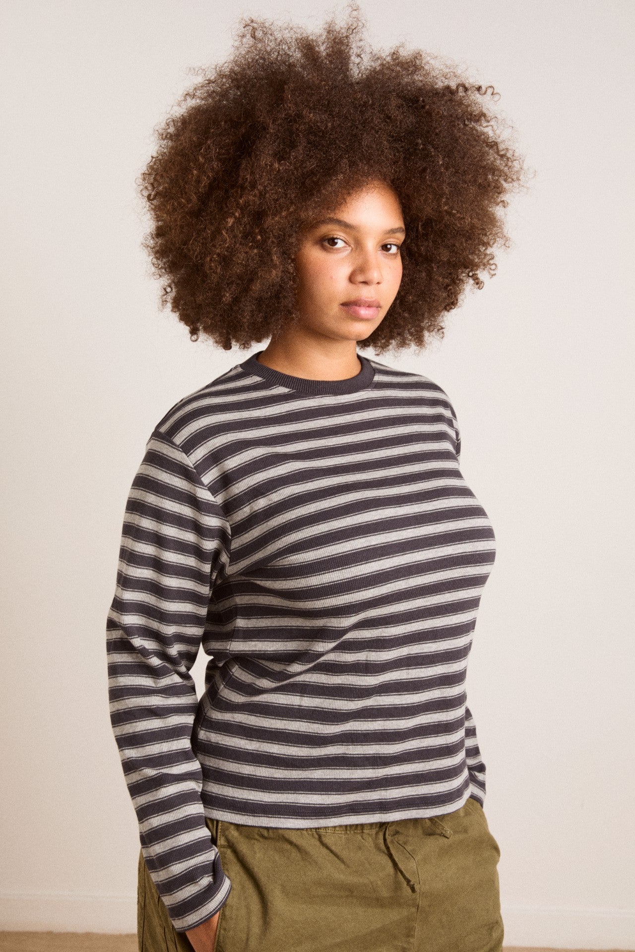 Damson Madder lilah fitted ls tee - grey marl stripe
