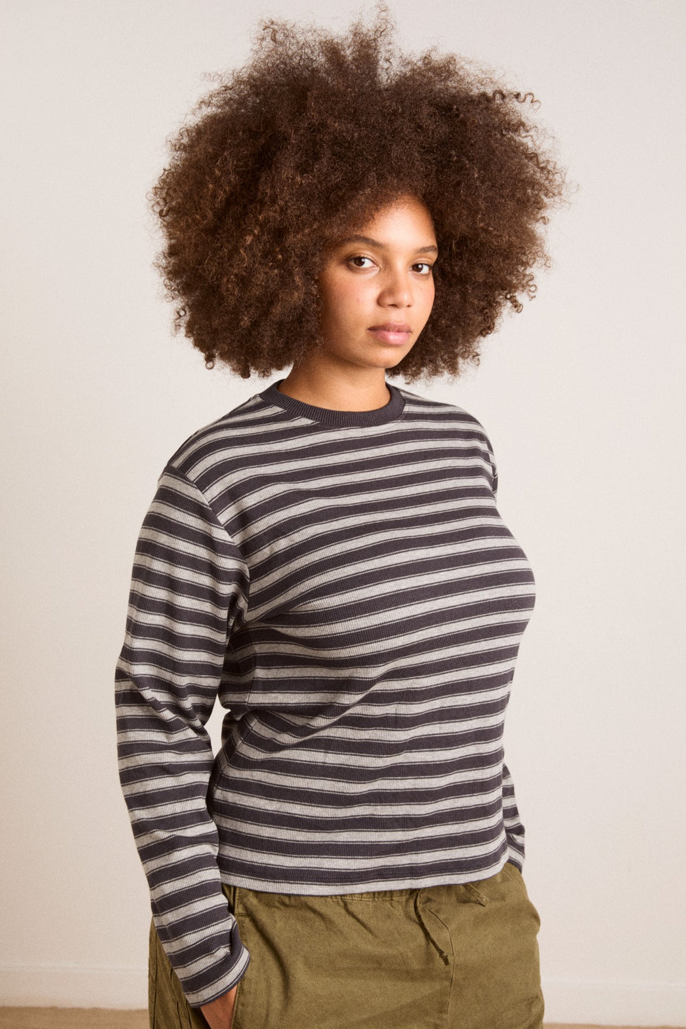 Damson Madder lilah fitted ls tee - grey marl stripe