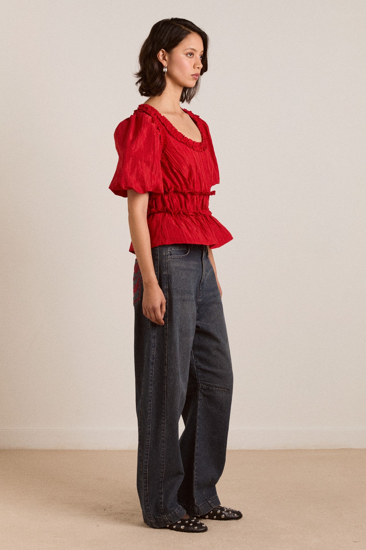Damson Madder everly ruffle blouse red tafetta