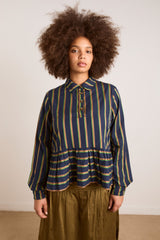 Damson Madder kinsley shirt - navy/green stripe