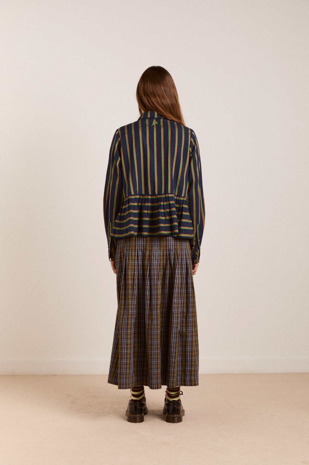 Damson Madder kinsley shirt - navy/green stripe