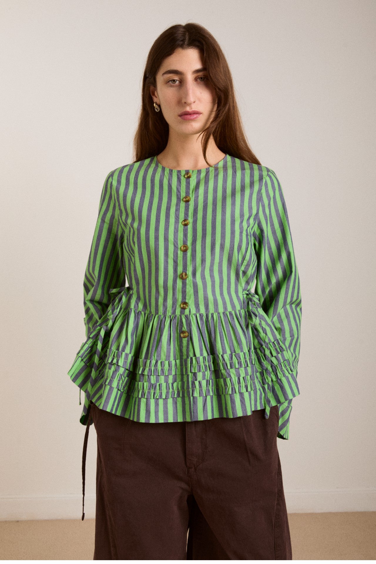 Damson Madder madison blouse - navy pop green stripe