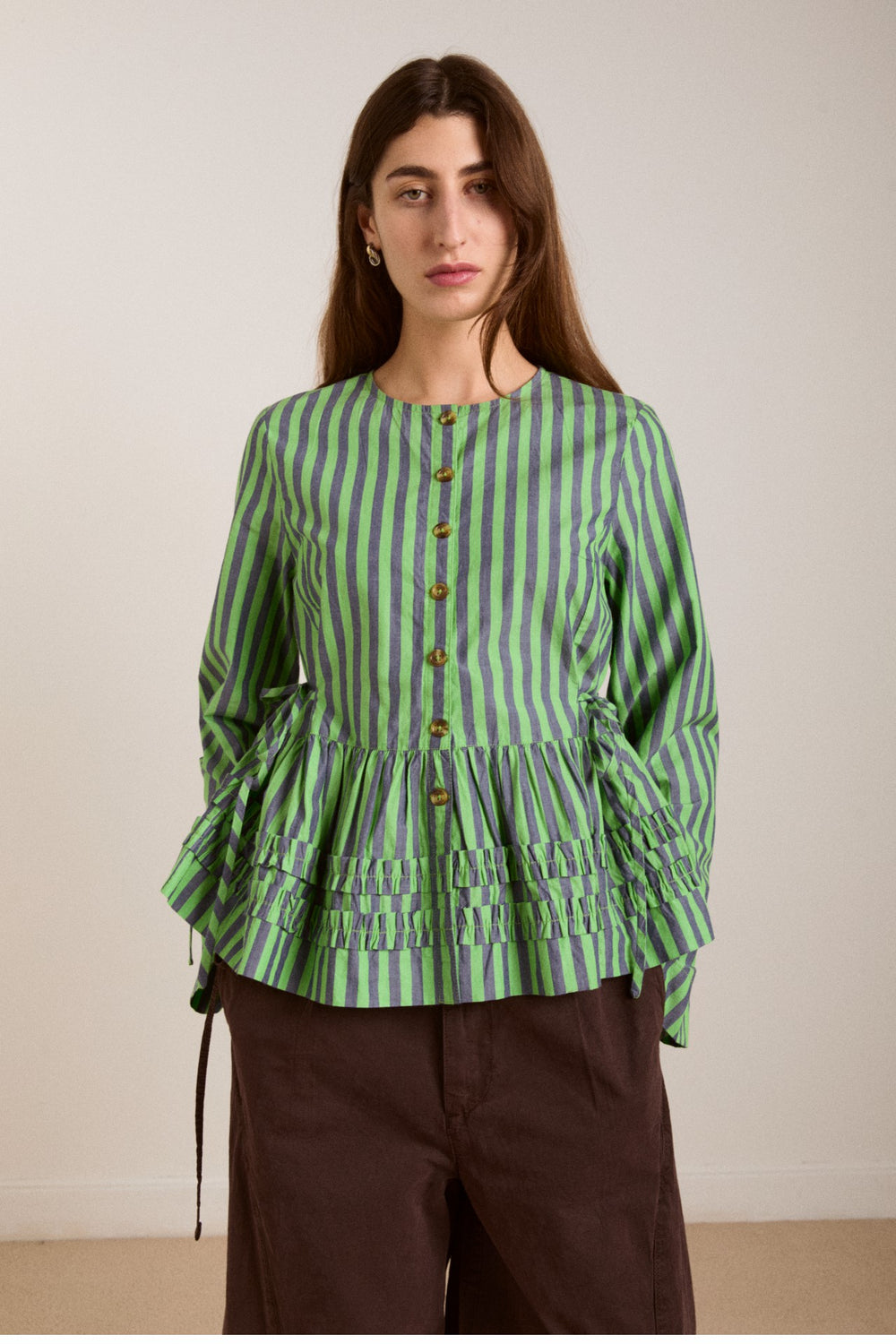 Damson Madder madison blouse - navy pop green stripe