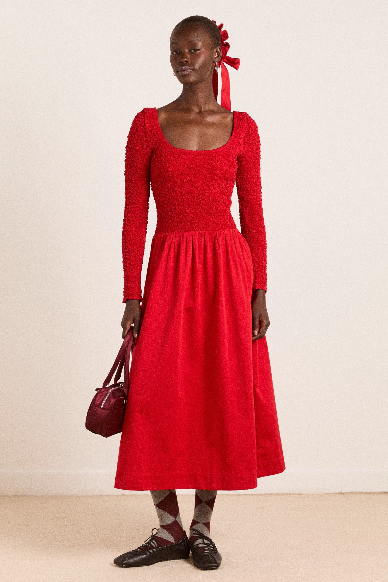Damson Madder malinda ls smocked midi dress- red